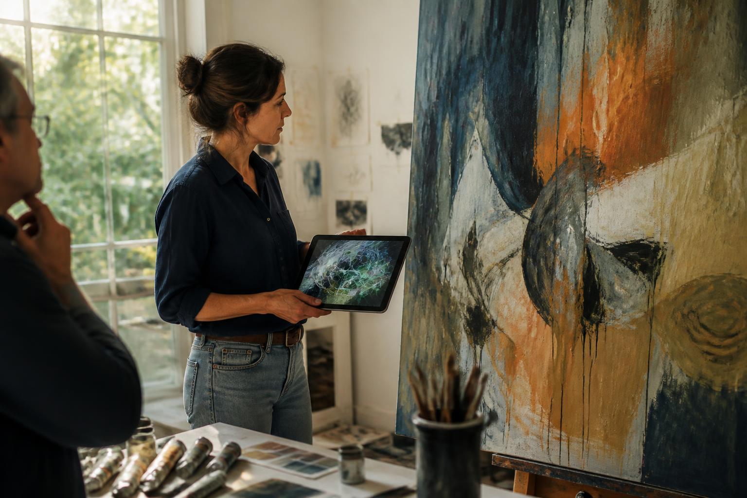 An artist reviewing an augmented motion study beside her original painting