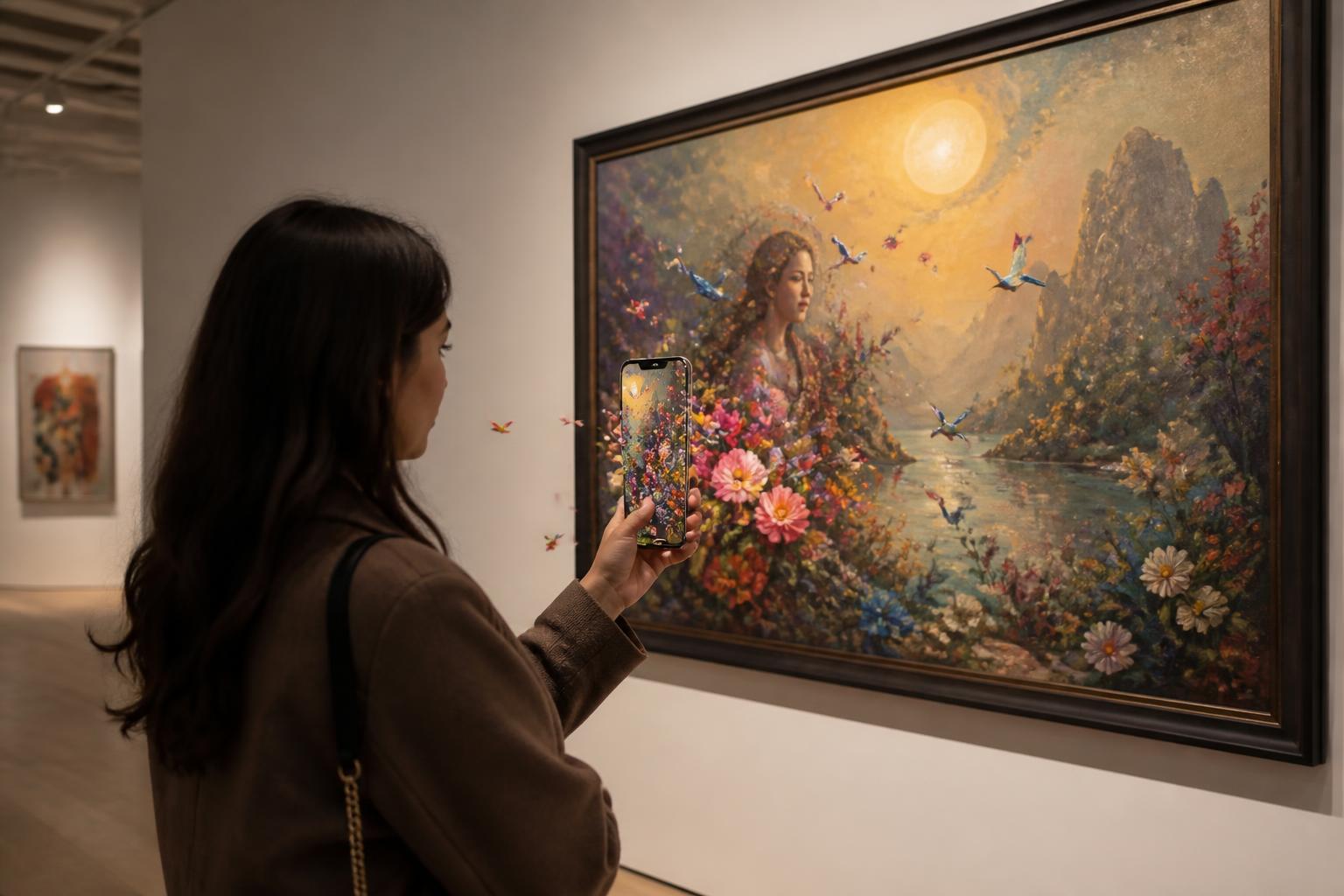 A gallery visitor viewing animated details in an original painting through a phone